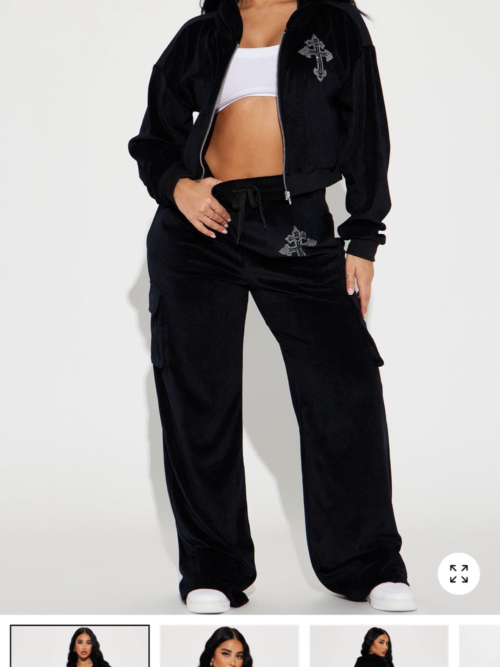 Fashion Nova Black Wide-Leg Velour Cargo Pants
